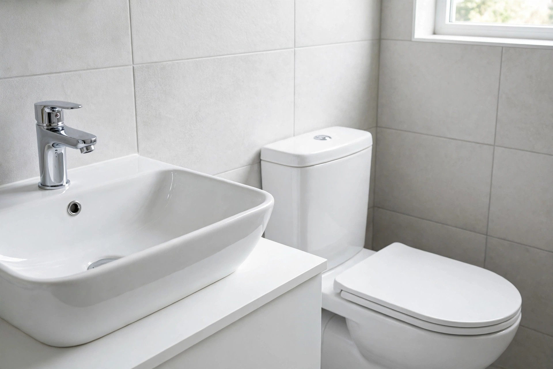 Newly installed chrome bathroom faucet, white sink, and toilet in a bright bathroom