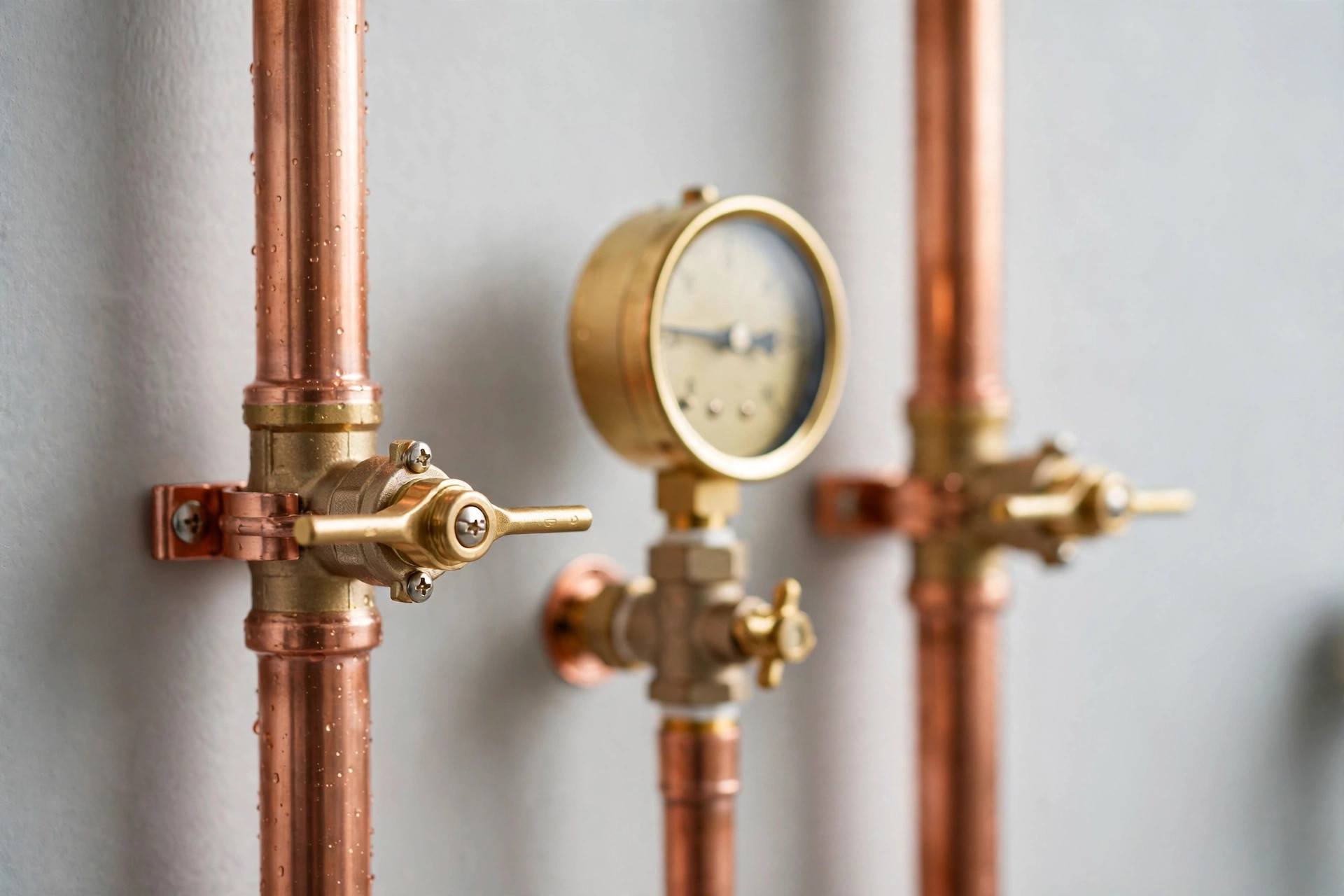 New copper water supply pipes with brass shut-off valves mounted on a wall