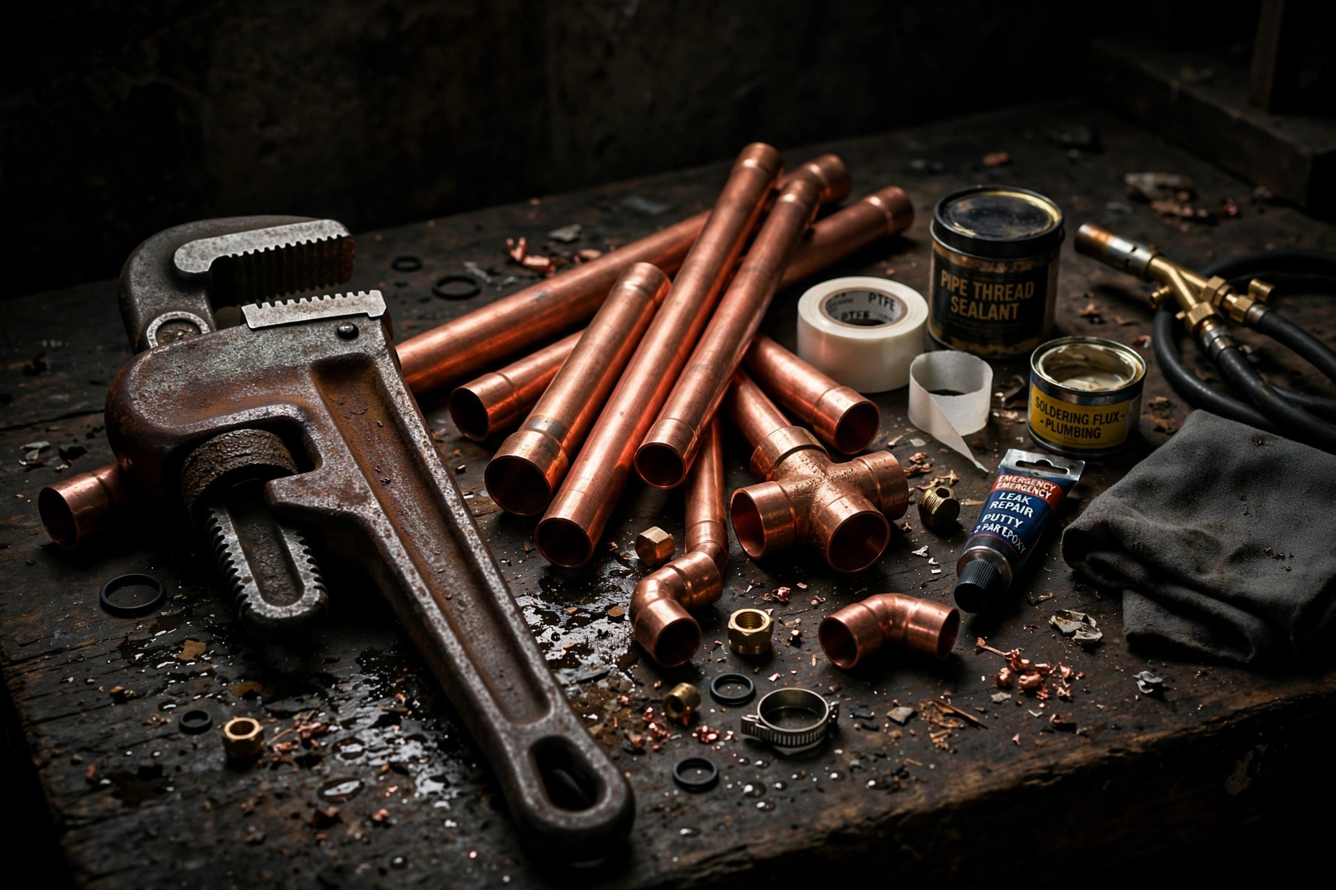 Emergency plumbing tools — pipe wrench and copper pipes in Arcadia CA