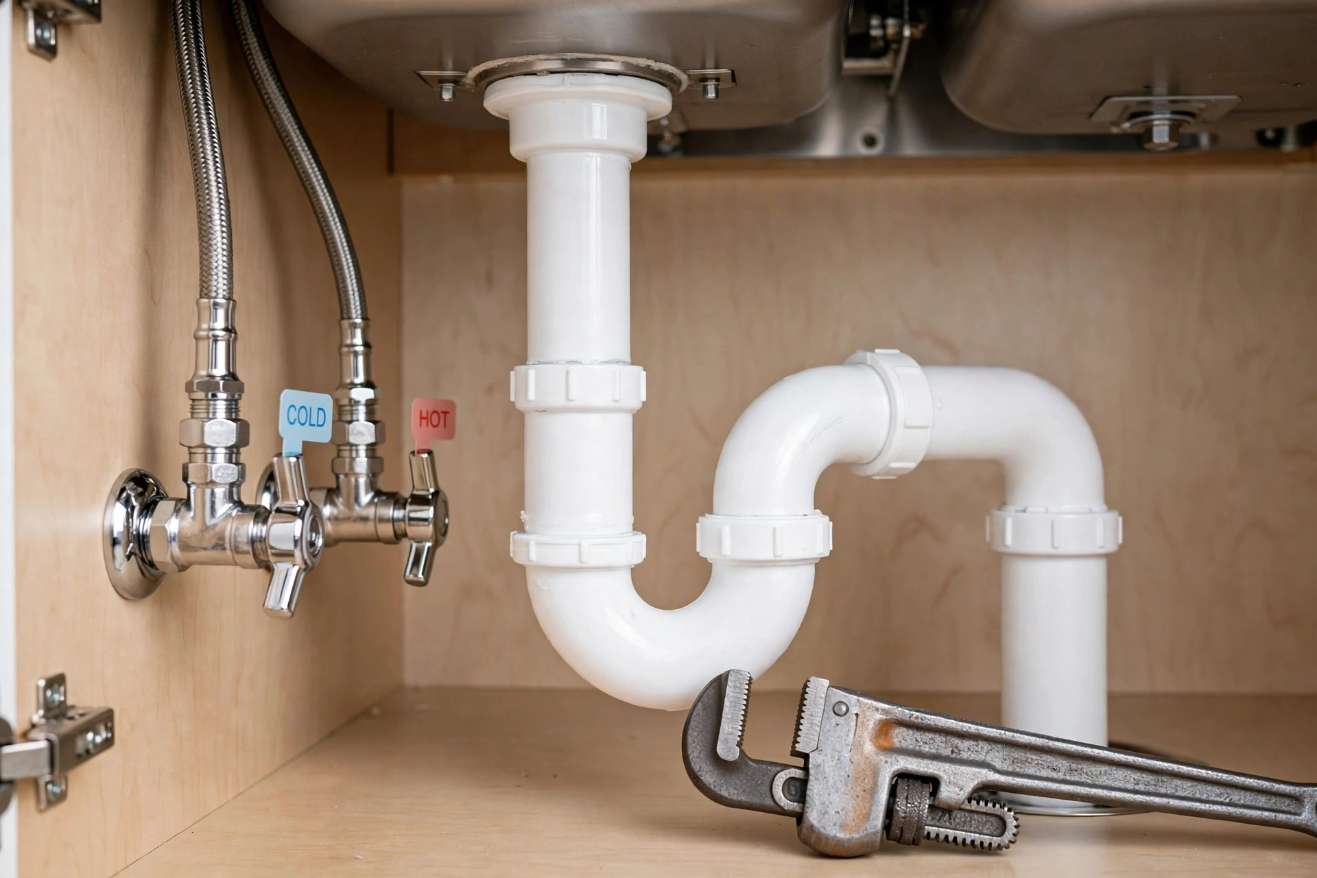 Under-sink drain pipes with shut-off valves and pipe wrench in Arcadia CA
