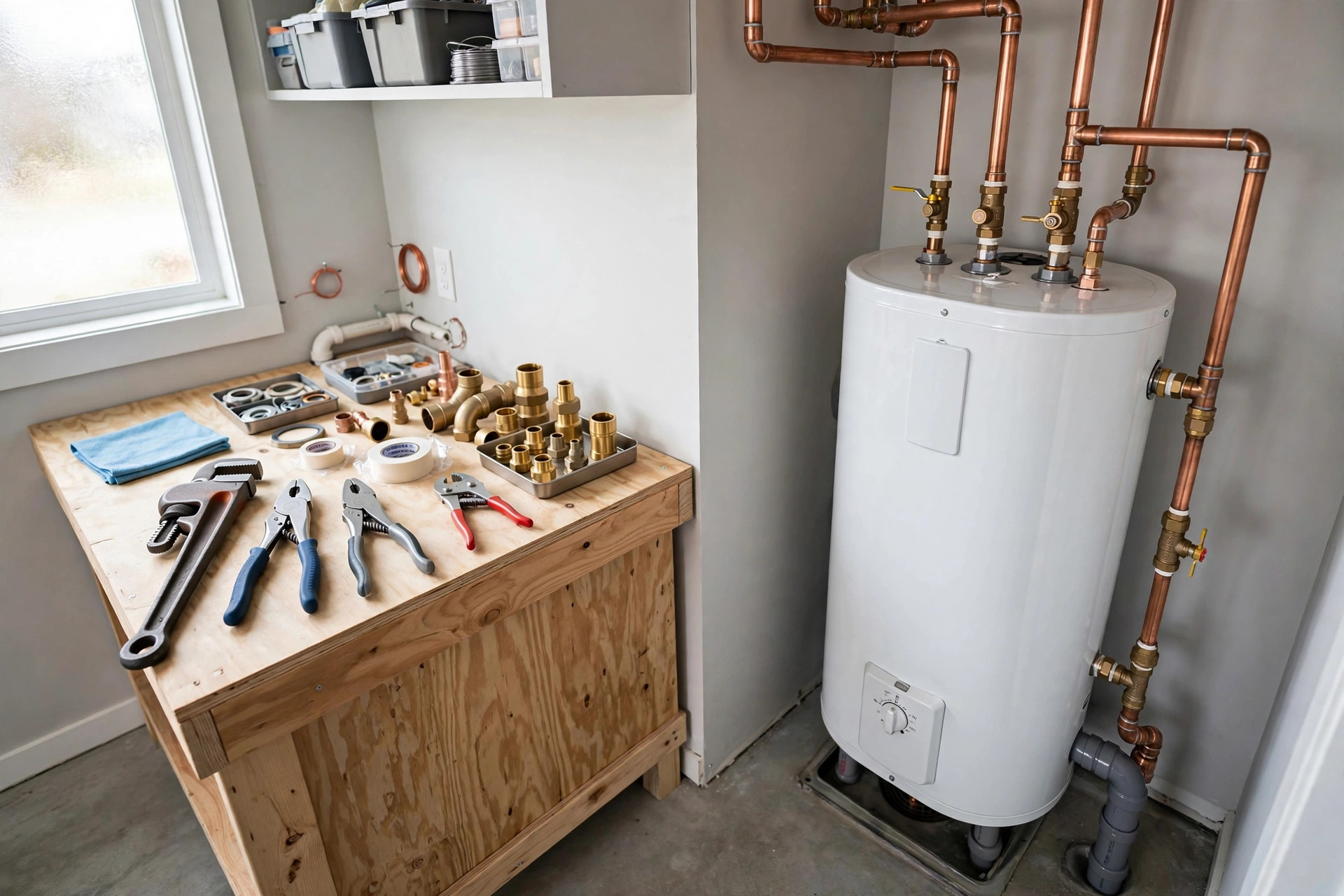 Tank water heater with copper pipes and plumbing tools arranged on a workbench