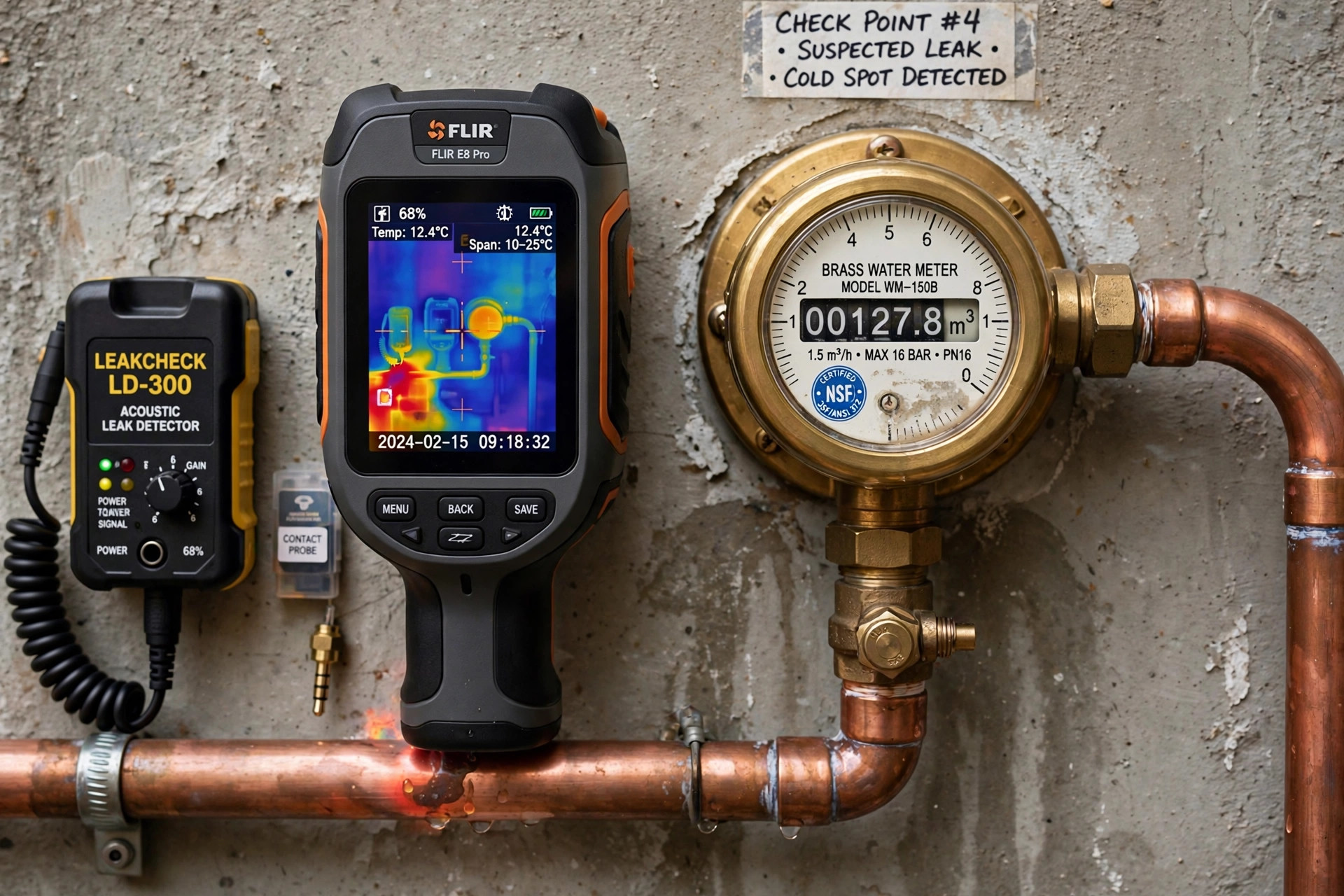 Leak detection equipment with copper pipes in an Arcadia CA home