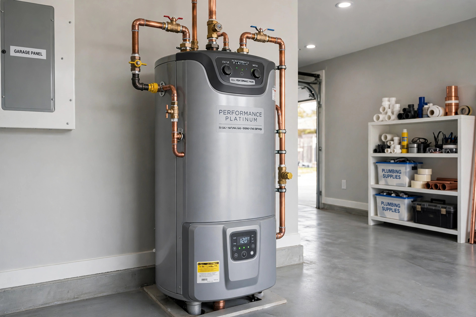 Tank water heater installed with copper piping in an Arcadia CA garage